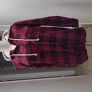 Forever 21 red and navy flannel shirt with detaching gray hoodie